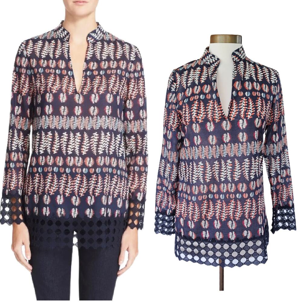 Tory Burch Navy Tile Print Tunic Top Size 4 Crochet Trim Long Sleeve
